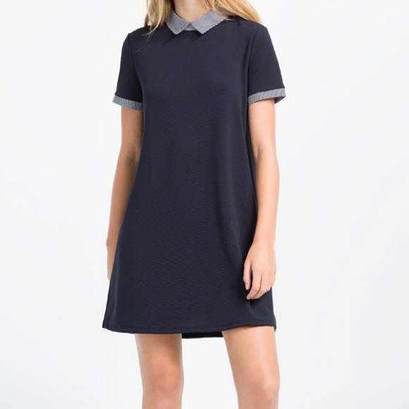 ZARA Poplin Stripped Collar Cuff Detail Short Sleeve Mini Dress Peter Pan Collar - Picture 4 of 4